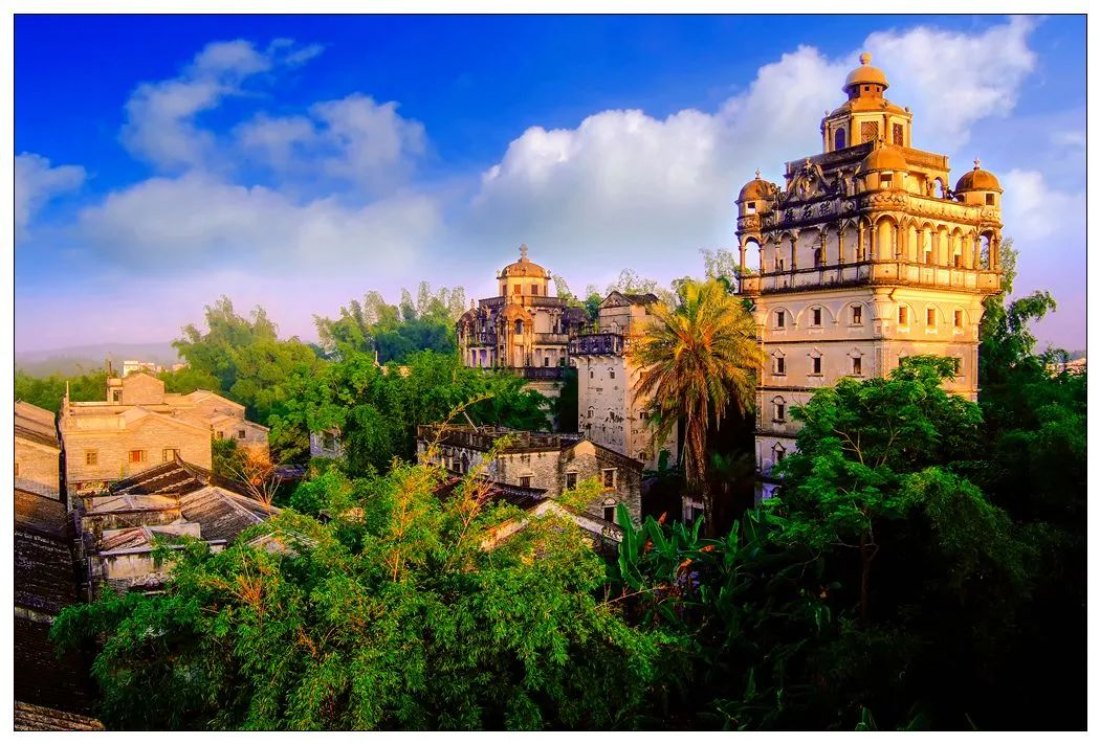 Kaiping Diaolou towers rising above village greenery